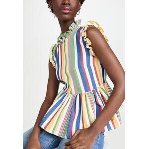 Studio 189 Technicolor Stripe Ruffle Trim Sleeveless Peplum Top Organic Cotton